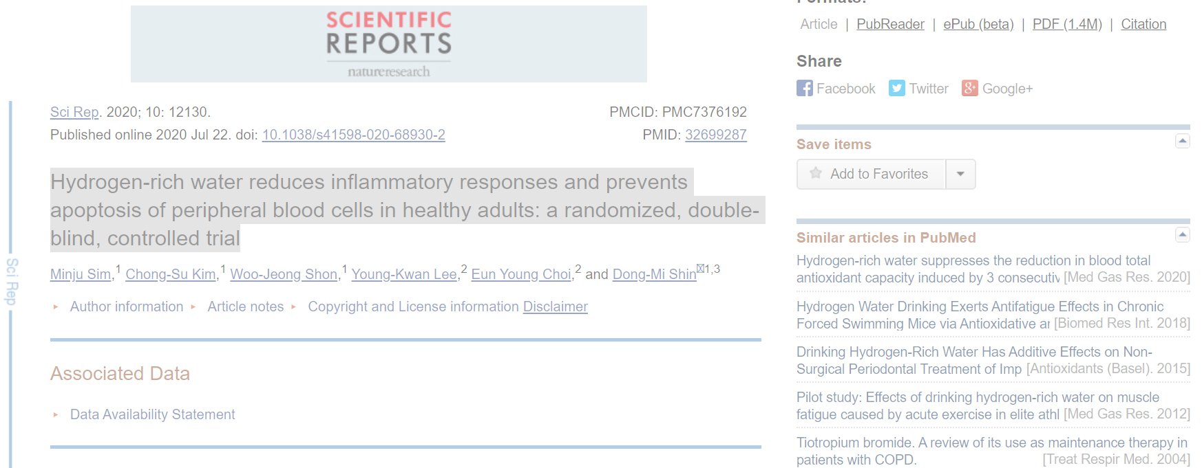 New Study: Hydrogen-rich water reduces inflammatory responses and prevents apoptosis of peripheral blood cells in healthy adults.